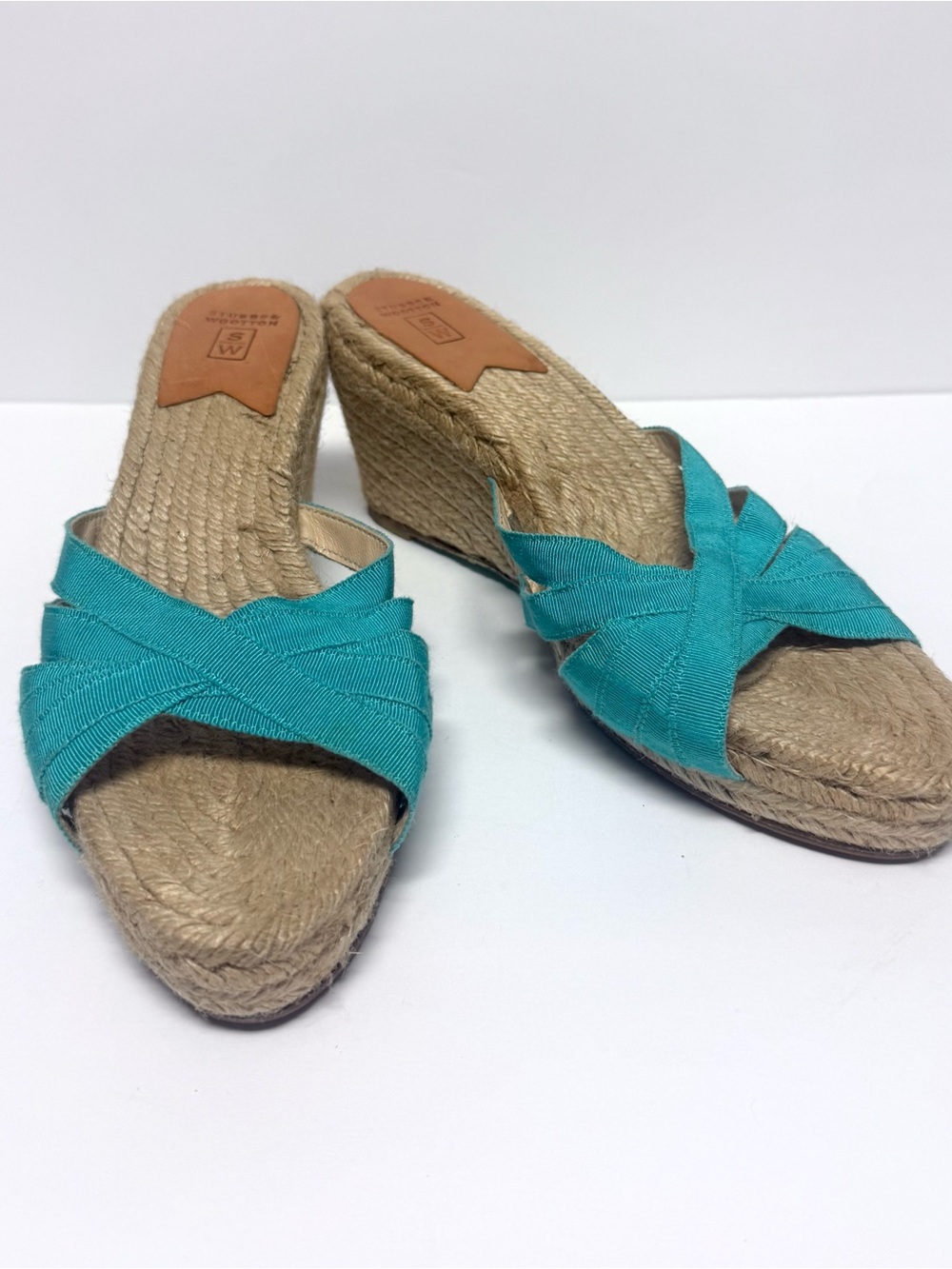 Stubbs & Wootton Turquoise Grosgrain Espadrille Wedge Sandals Preppy Resort - Picture 2 of 6